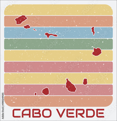 Cabo Verde vintage logo. Shape of the country on retro colored stripes background. Cabo Verde map design with grunge scratch texture. Vector illustration.