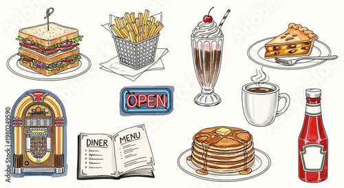 American diner food and drink items.