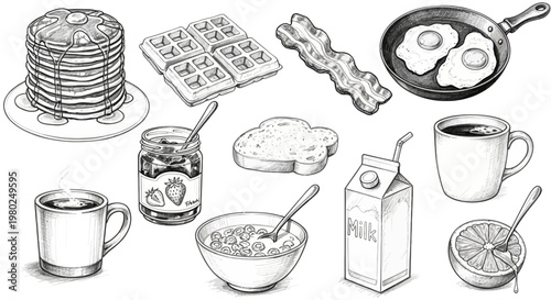 Breakfast food and drink items illustration.