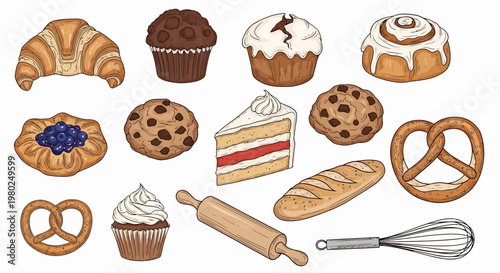 Assorted baked goods and utensils illustration.