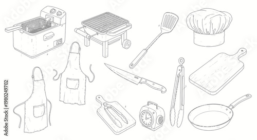 Kitchen utensils and cooking tools illustration.