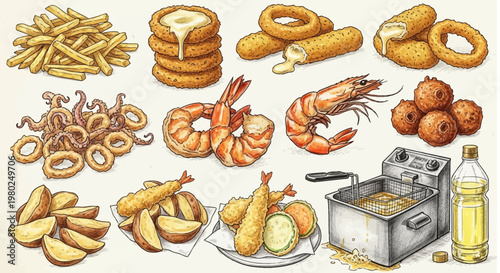 Fried food and seafood illustration.