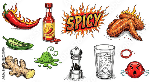 Spicy food and drink ingredients concept.
