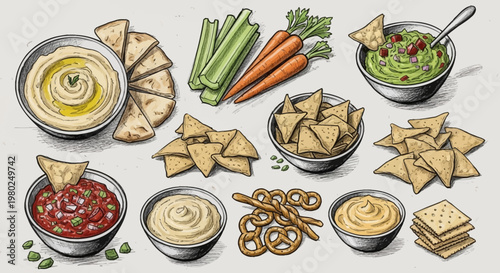 Variety of dips and snacks layout.