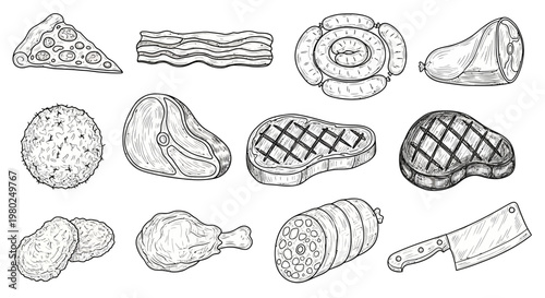Variety of meat and food illustrations.