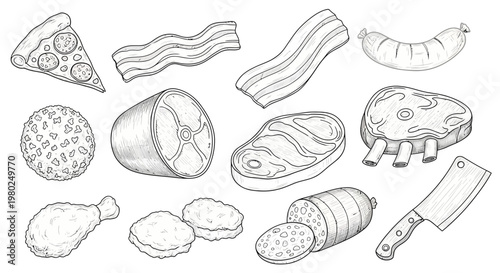 Various types of meat and food.
