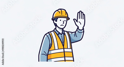 Construction Worker Wearing Hardhat And Safety Vest Raising Hand.