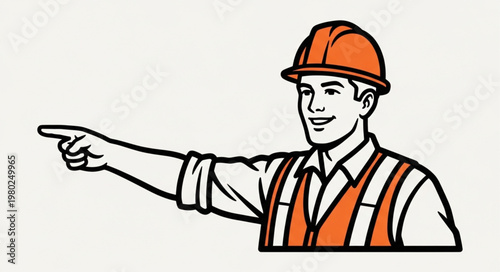 Construction Worker Wearing Hardhat And Safety Vest Pointing.