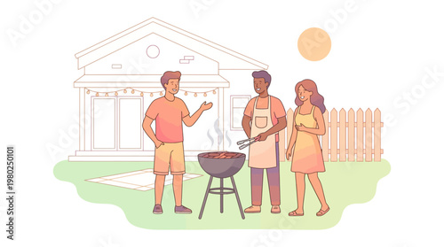 Backyard BBQ Grill Scene with Friends and Summer Lifestyle Vector