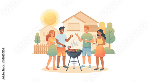 Outdoor BBQ Party with People Cooking and Chatting Flat Vector
