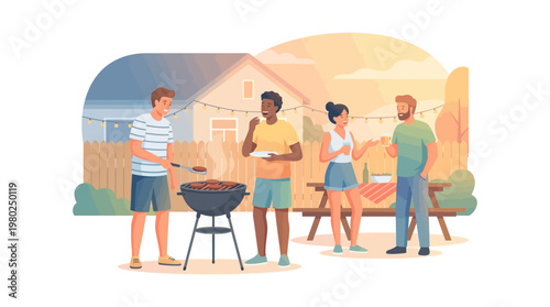 Friends Enjoying Backyard BBQ Party with Grill and Food Flat Illustration
