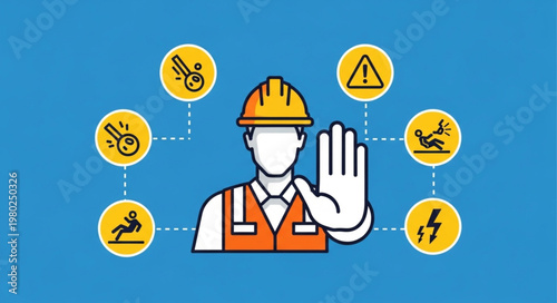 Construction Worker Wearing Hardhat And Safety Vest Stopping.