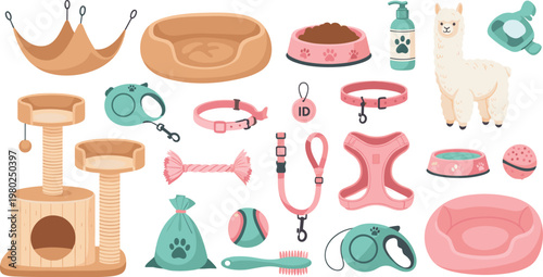 Pet Care Accessories Set Including Dog Bed, Food Bowl, Shampoo, Harness, and Grooming Tools, Cute Animal Supplies Collection Flat Vector Illustration for Pet Shop Designs.