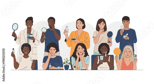 Diverse Group of Men and Women Performing Skincare and Beauty Routines with Various Cosmetic Products and Mirrors for Self-Care Illustration