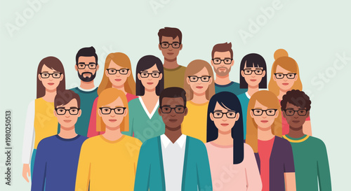 Diverse Group of Professional People Wearing Glasses Flat Vector Illustration. Inclusion, Teamwork, and Optical Vision Concept.