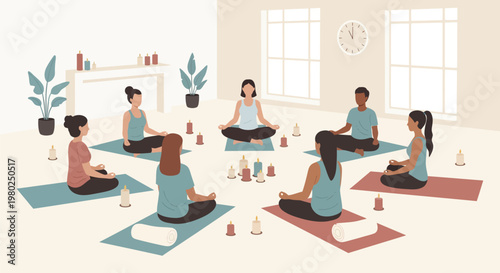 Group of Diverse People Practicing Meditation and Yoga in a Peaceful Studio with Candles, Flat Vector Illustration for Wellness and Mental Health