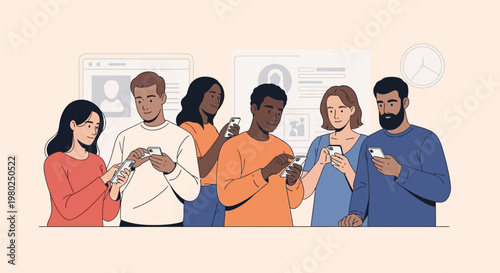 Diverse Group of People Using Smartphones for Social Media and Digital Networking, Modern Flat Vector Illustration of Mobile Technology and Global Connectivity