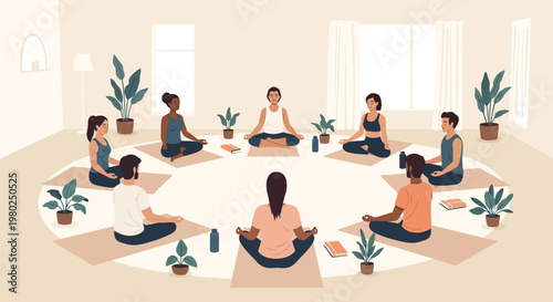 Diverse People Sitting in a Circle Practicing Meditation and Mindfulness in a Minimalist Yoga Studio Illustration