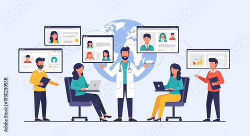 Global Telemedicine and Digital Healthcare Network Illustration with Medical Professionals and Patient Profiles