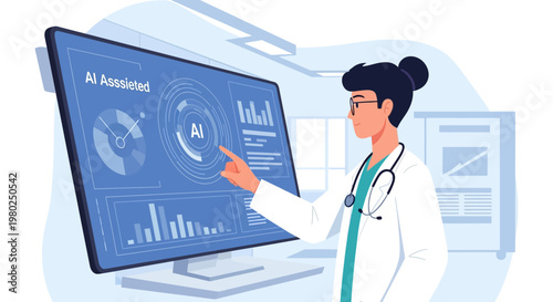 Female Doctor Using AI Assisted Medical Interface for Healthcare Data Analysis and Patient Diagnosis Illustration