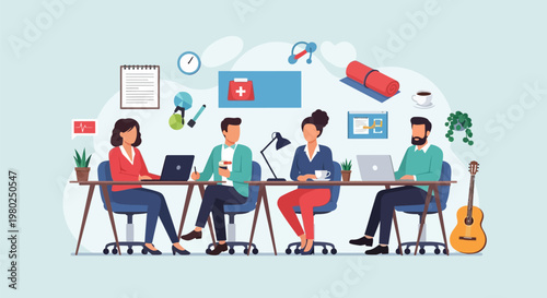 Employee Wellness and Work-Life Balance Illustration - Diverse Team in Modern Office with Floating Lifestyle Icons