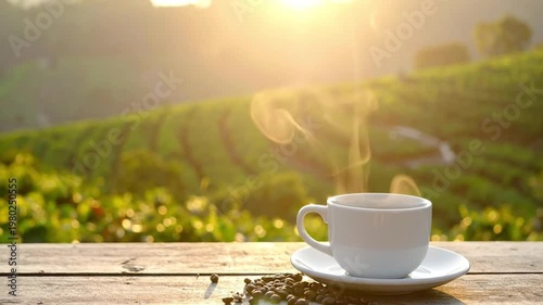 Steaming white coffee cup with coffee beans on a wooden table overlooking a green plantation at sunrise