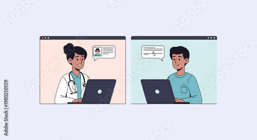 Telemedicine Illustration of Online Doctor Consultation with Patient via Video Call on Laptops