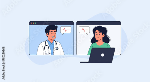 Telemedicine Concept: Online Doctor Consultation via Video Call Flat Vector Illustration. Virtual Healthcare and Medical Support for Patients Using Digital Technology.