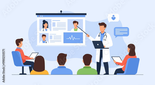 Medical Professional Presenting Online Healthcare Training Webinar to Audience in Modern Vector Illustration Style
