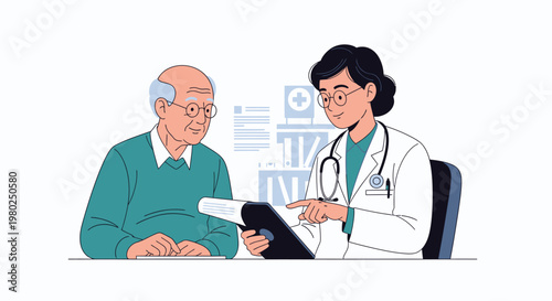 Female Doctor Consulting with Senior Male Patient Using Digital Tablet in Clinic - Healthcare and Geriatric Medical Care Vector Illustration