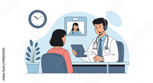 Doctor Consulting with Patient via Telemedicine and Video Call in Modern Clinic Illustration