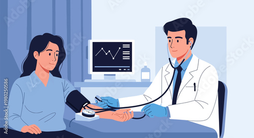 Doctor Checking Female Patient's Blood Pressure in a Medical Clinic - Flat Vector Illustration
