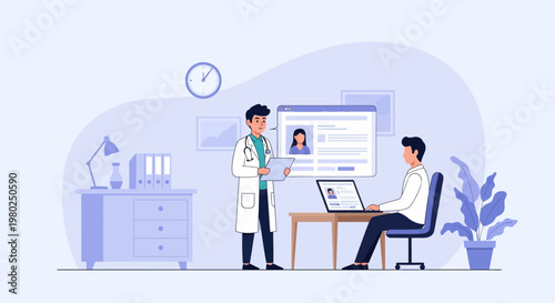 Modern Telemedicine and Digital Healthcare Concept: Doctor Consulting with Patient Online via Laptop in Flat Vector Illustration Style
