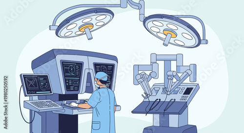 Robotic Surgery Illustration with Surgeon Operating Advanced Medical Console in Modern High-Tech Operating Room