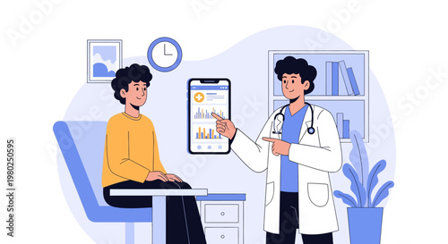 Online Doctor Consultation and Digital Health Illustration. Professional Physician Explaining Medical Data and Charts to Patient on Smartphone App.
