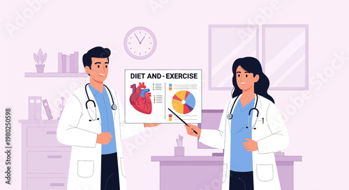 Doctors Presenting Heart Health Diet and Exercise Plan Vector Illustration