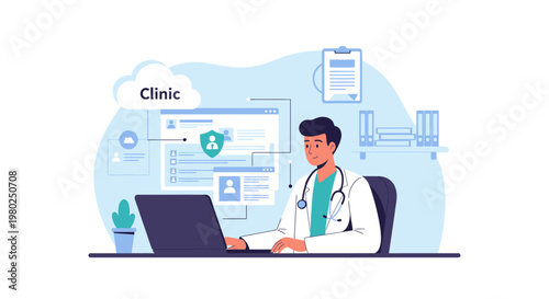 Online Clinic and Digital Health Management Concept with Doctor Working on Laptop Managing Patient Records in Cloud Illustration