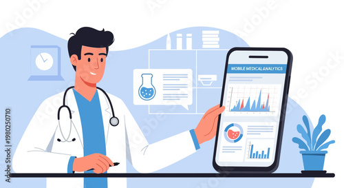 Male Doctor Holding Smartphone with Mobile Medical Analytics App Interface Showing Health Data Charts and Lab Results, Flat Vector Illustration