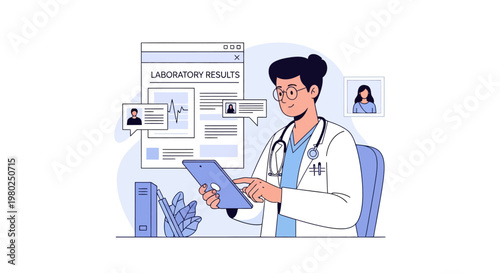 Female Doctor Reviewing Digital Laboratory Results on Tablet - Telemedicine and Digital Healthcare Concept Illustration