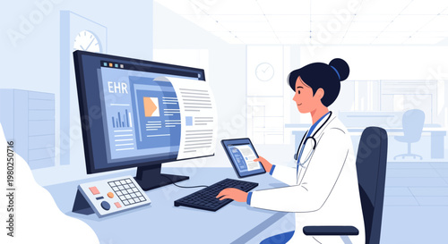 Female Doctor Managing Electronic Health Records (EHR) on Computer and Tablet in Modern Clinic Office. Healthcare Technology and Medical Data Analysis Concept.
