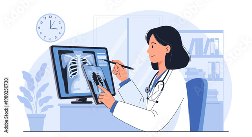 Female Doctor Analyzing Digital X-ray Scans on Tablet and Monitor in Modern Medical Office Illustration