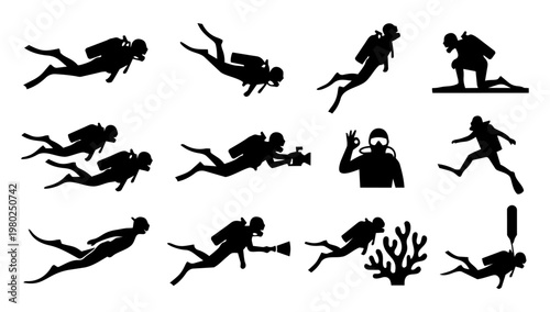 Scuba Diver Silhouettes Set, Underwater Diving Poses, Diver Action Icons Collection