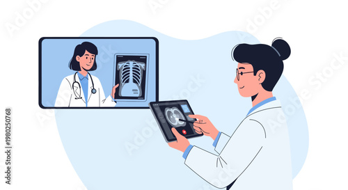 Telemedicine Concept: Two Female Doctors Collaborating Online and Analyzing a Chest X-ray on Digital Tablet and Screen