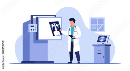Doctor Analyzing Chest X-ray Scan in Radiology Room, Professional Medical Diagnosis and Healthcare Technology Concept Flat Vector Illustration