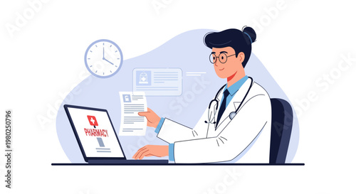 Female Pharmacist Using Laptop for Online Medical Consultation and Prescription Management Illustration