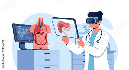 Doctor Using VR and Augmented Reality for Medical Diagnosis and Anatomy Study Illustration