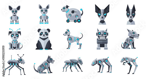 Diverse Collection of Robotic Animals and Futuristic Cybernetic Dogs with AI Elements, Presented as Cute Vector Illustrations on White Background