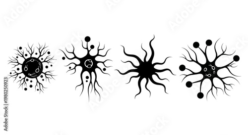 Stylized vector illustrations depicting abstract microscopic organisms or neurological cells, showcasing diverse forms and structures for scientific and conceptual designs