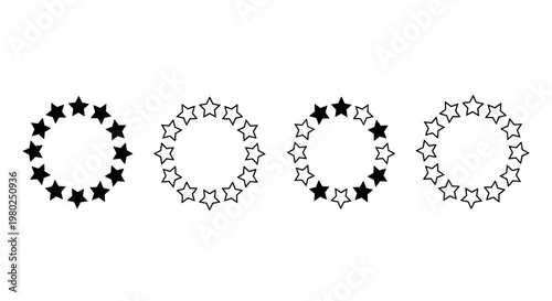 Visual representation of quality feedback and progressive achievement using circular star icons for various digital interfaces
