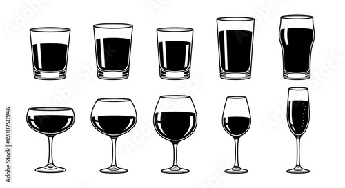 A comprehensive graphic illustration showcasing a diverse collection of empty and filled drinking glasses, including tumblers, wine glasses, and flutes, ready for various beverages